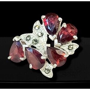 Vintage 1940's Pear Cut Garnet Marcasite 925 Sterling Silver Ring sz